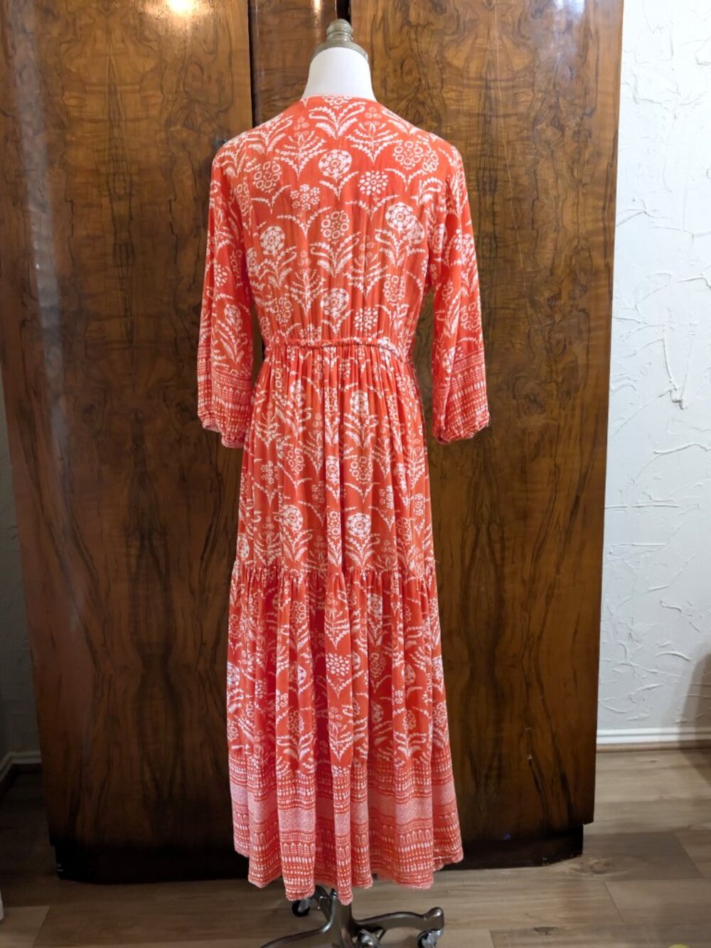 BIBA Orange Boho Floral Block Print Tiered Maxi Prairie Dress Size 2 /EU 34 - Picture 6 of 8
